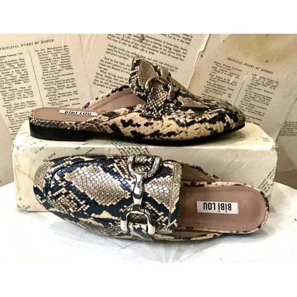 Anthropologie Bibi Lou Zagreb Slip On Loafers Snakeskin Embossed Tan Black - Picture 8 of 9